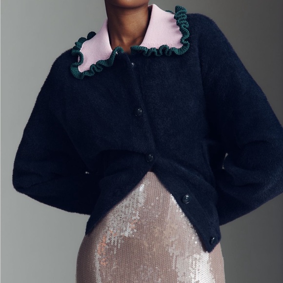 Essentiel Antwerp XL ORANGE/Red sweater with Blue ruffle Collar - Picture 4 of 11